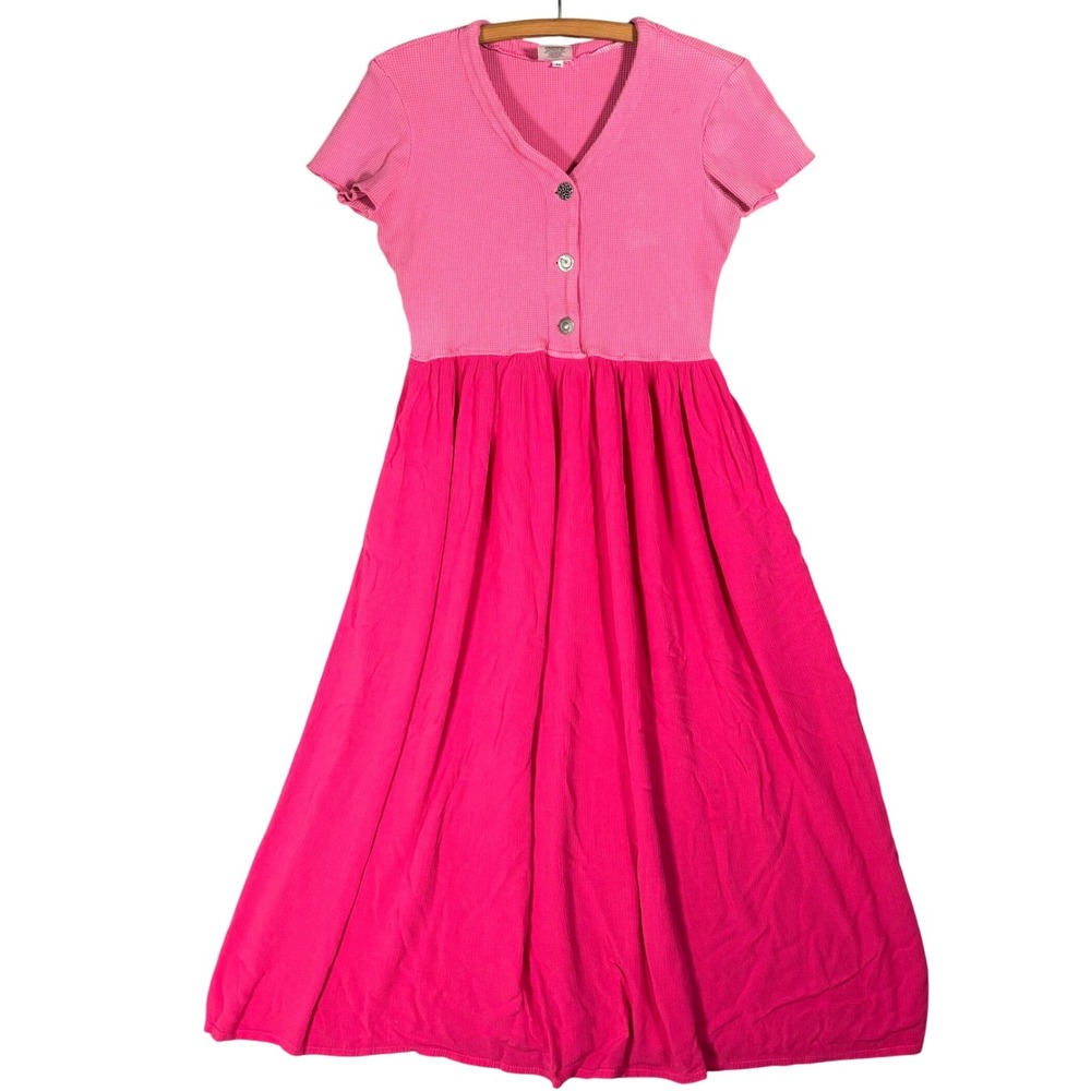 Vintage French Laundry Pink Mixed Media Maxi Dress Size M Waffle Knit Pockets